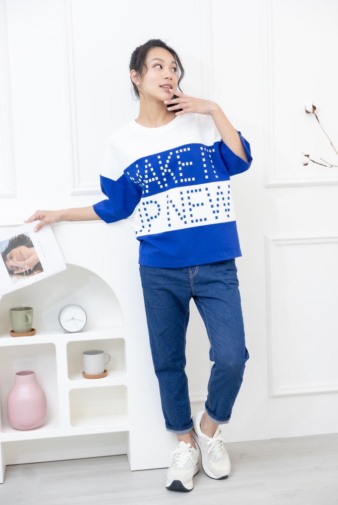 반팔 點點make it 五分袖上衣 / 藍白色塊