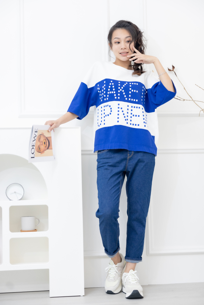 반팔 點點make it 五分袖上衣 / 藍白色塊