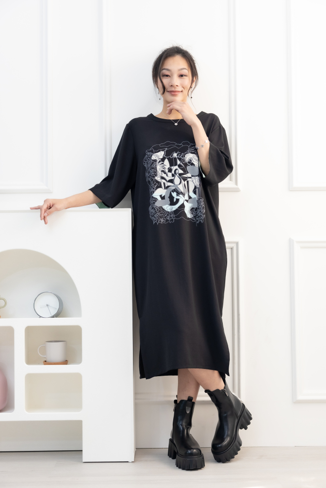 원피스 印花雪紡六分袖洋裝 / 黑色