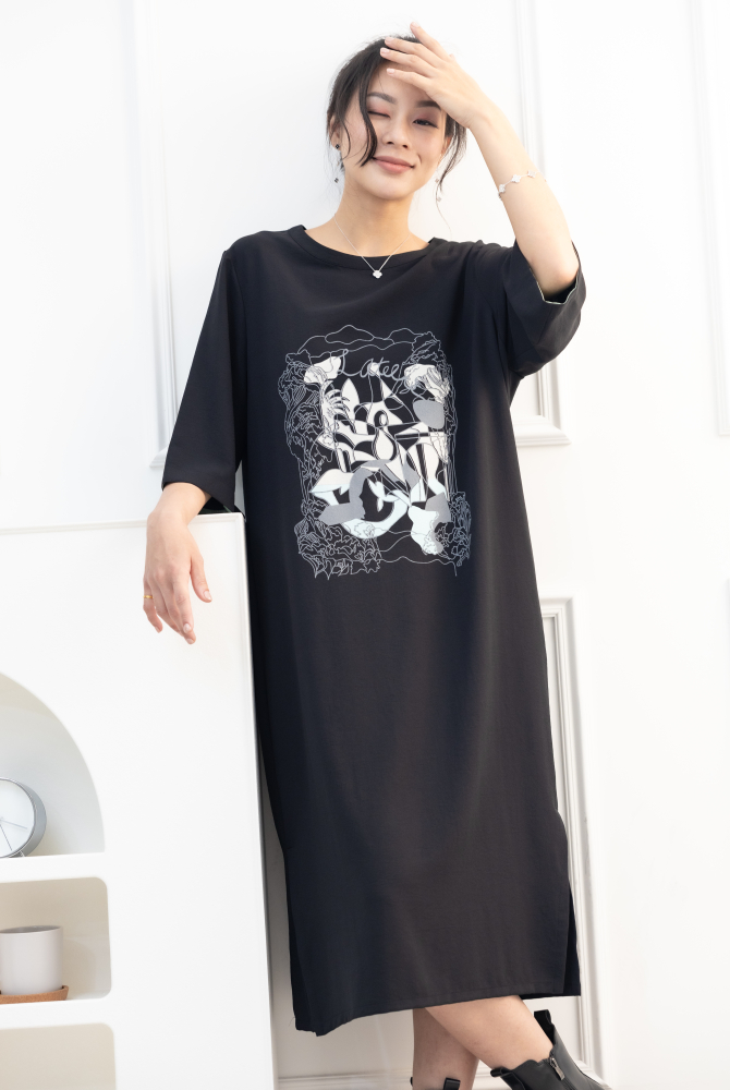 원피스 印花雪紡六分袖洋裝 / 黑色