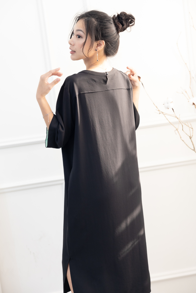 원피스 印花雪紡六分袖洋裝 / 黑色