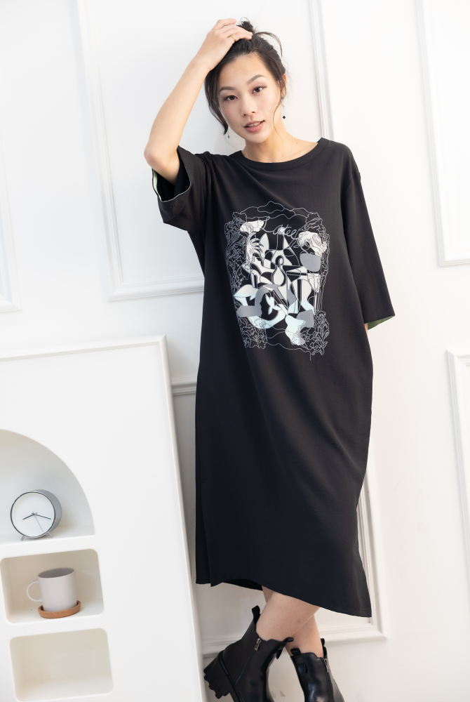 원피스 印花雪紡六分袖洋裝 / 黑色