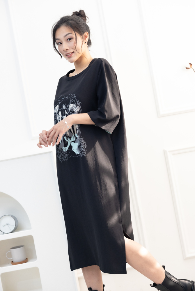 원피스 印花雪紡六分袖洋裝 / 黑色