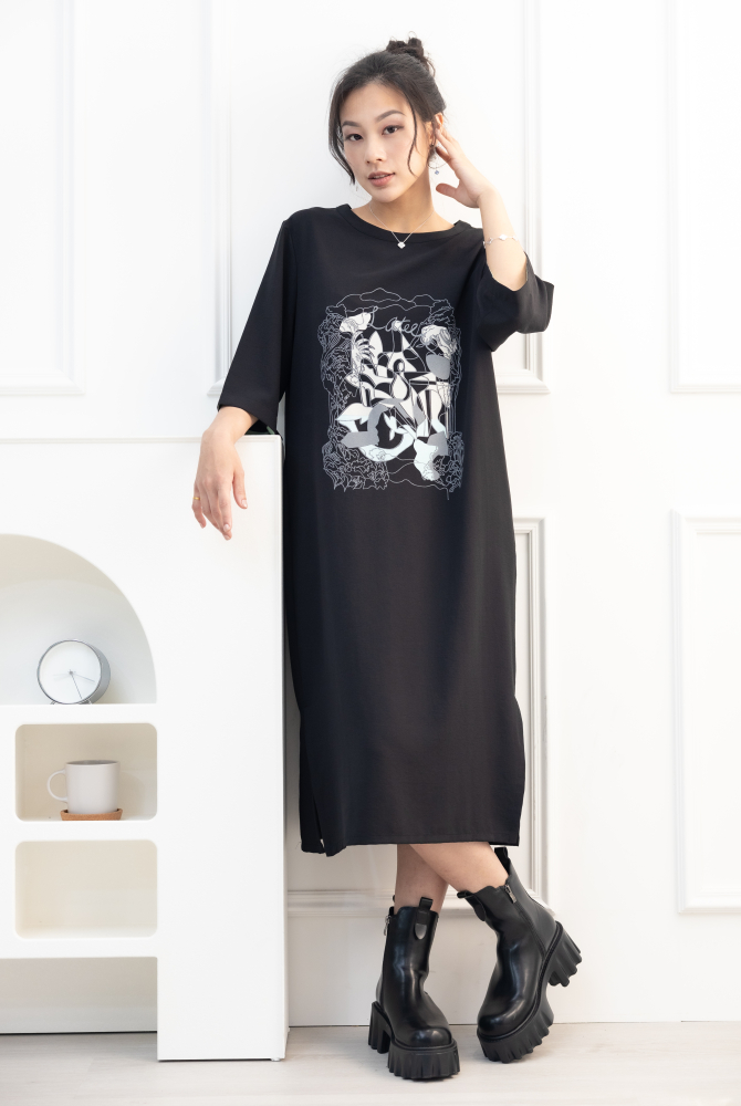 원피스 印花雪紡六分袖洋裝 / 黑色