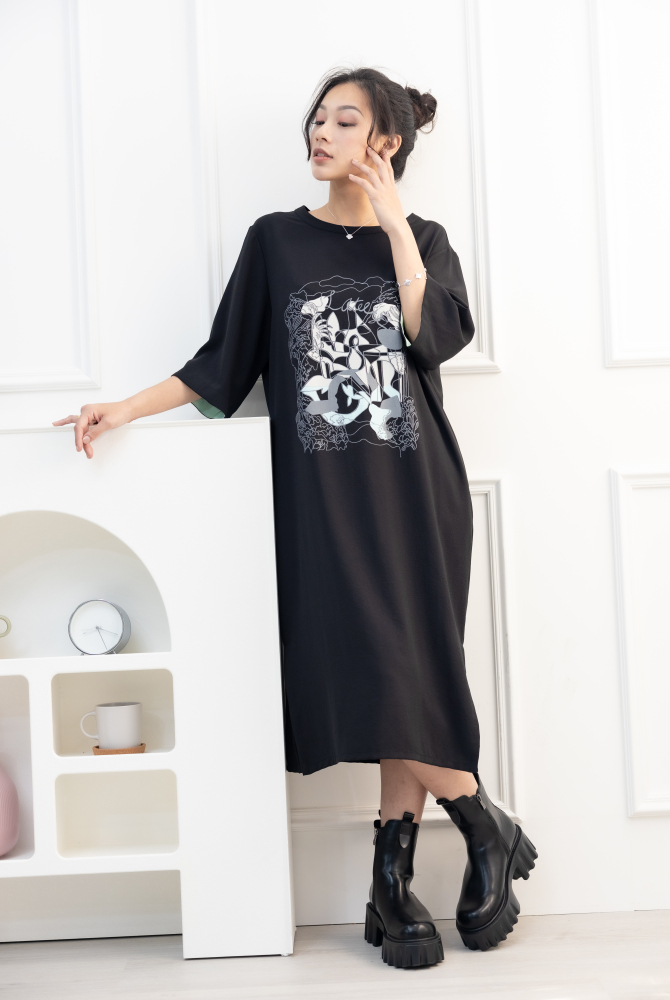 원피스 印花雪紡六分袖洋裝 / 黑色