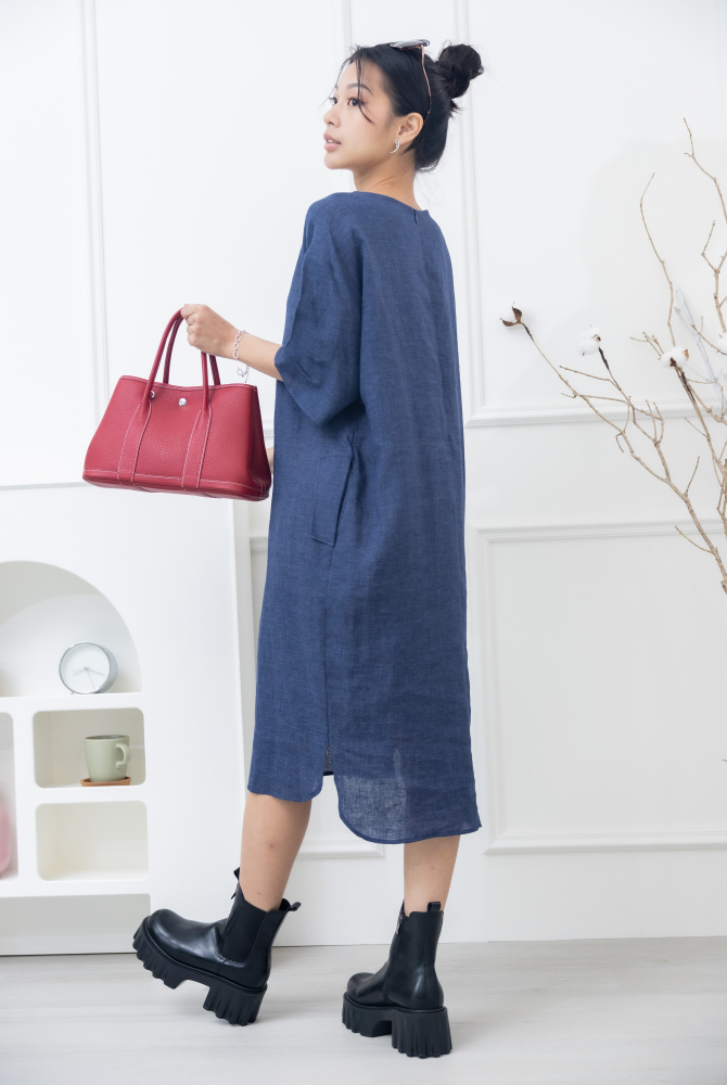 원피스 C字鐵+珍珠口袋麻洋裝 / 深藍色