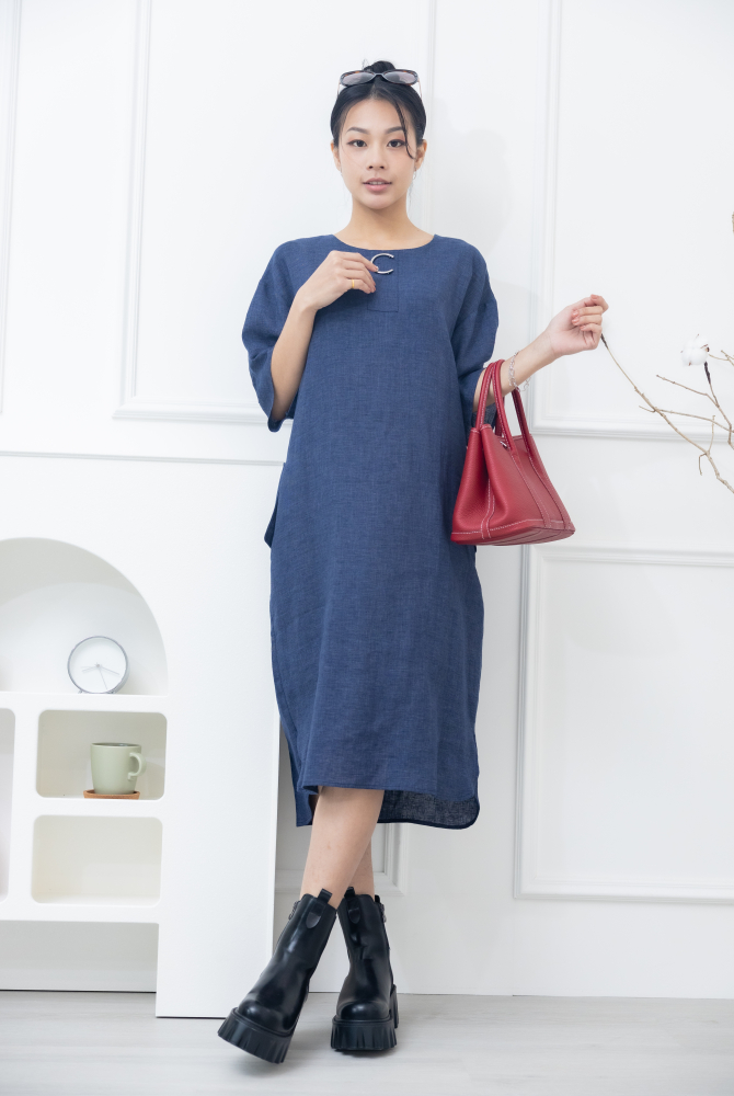 원피스 C字鐵+珍珠口袋麻洋裝 / 深藍色