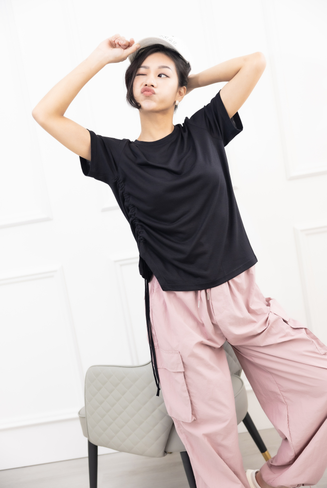 반팔 抽繩短袖上衣 / 黑色