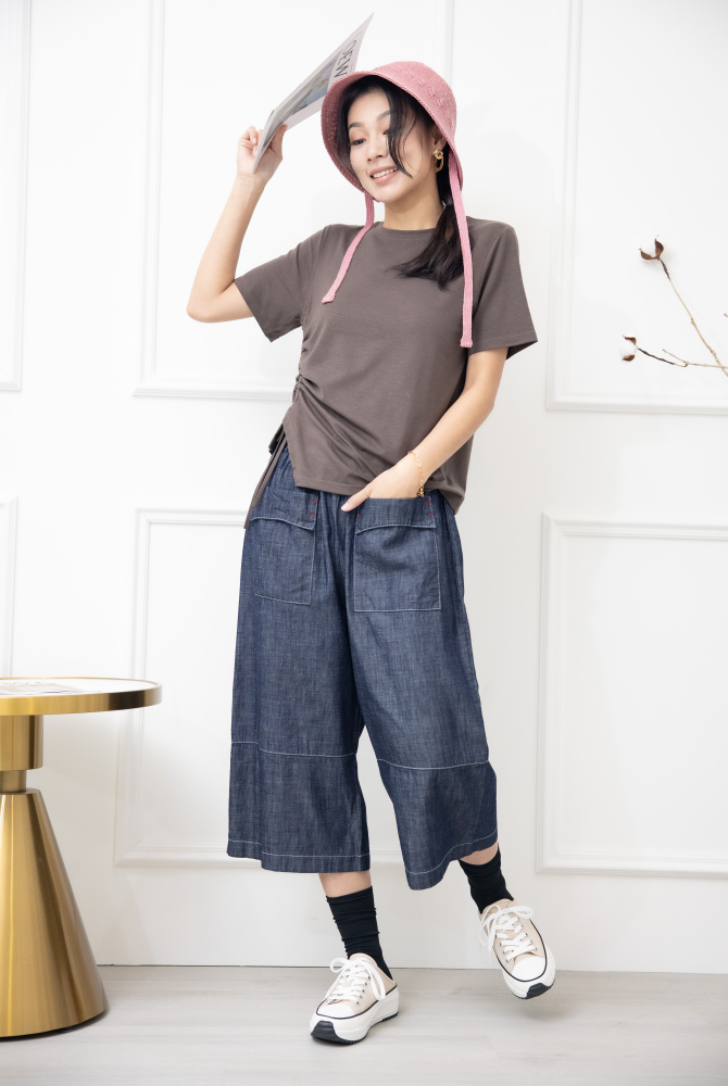 반팔 抽繩短袖上衣 / 棕色