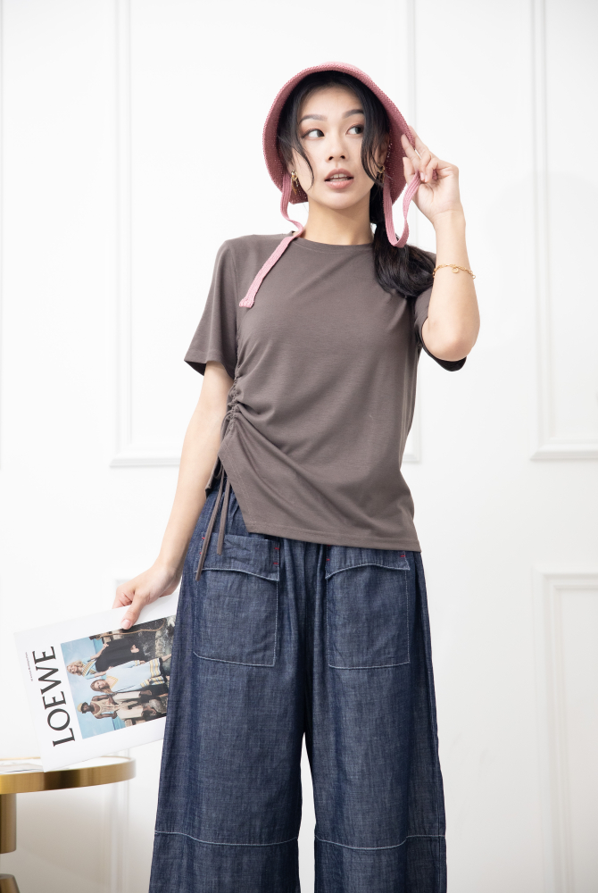 반팔 抽繩短袖上衣 / 棕色