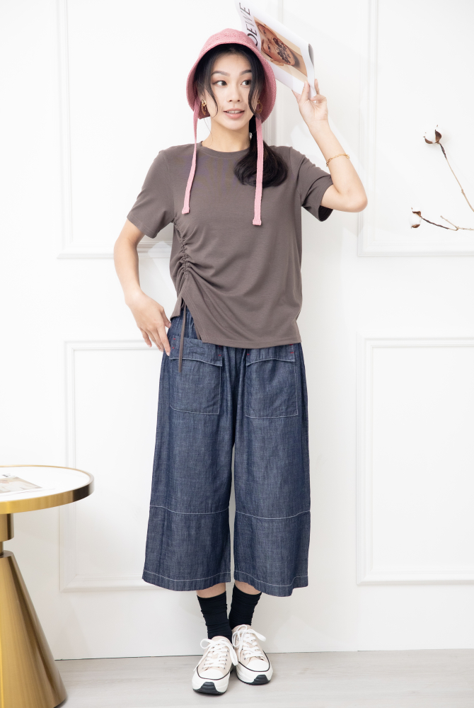 반팔 抽繩短袖上衣 / 棕色