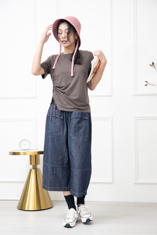 반팔 抽繩短袖上衣 / 棕色