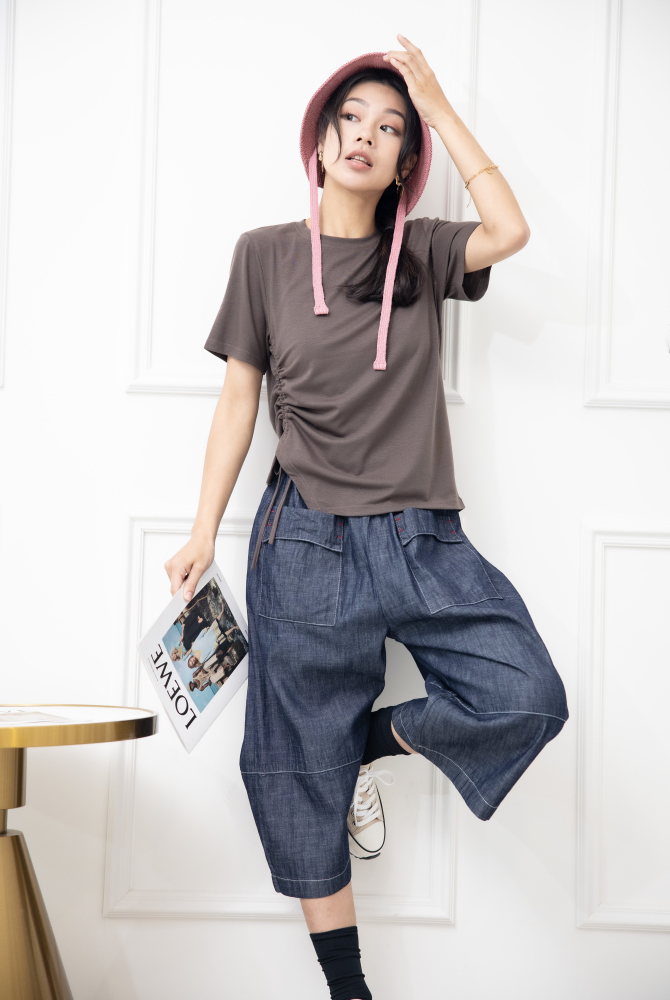 반팔 抽繩短袖上衣 / 棕色