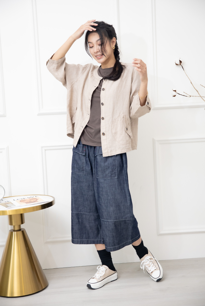 반팔 抽繩短袖上衣 / 棕色