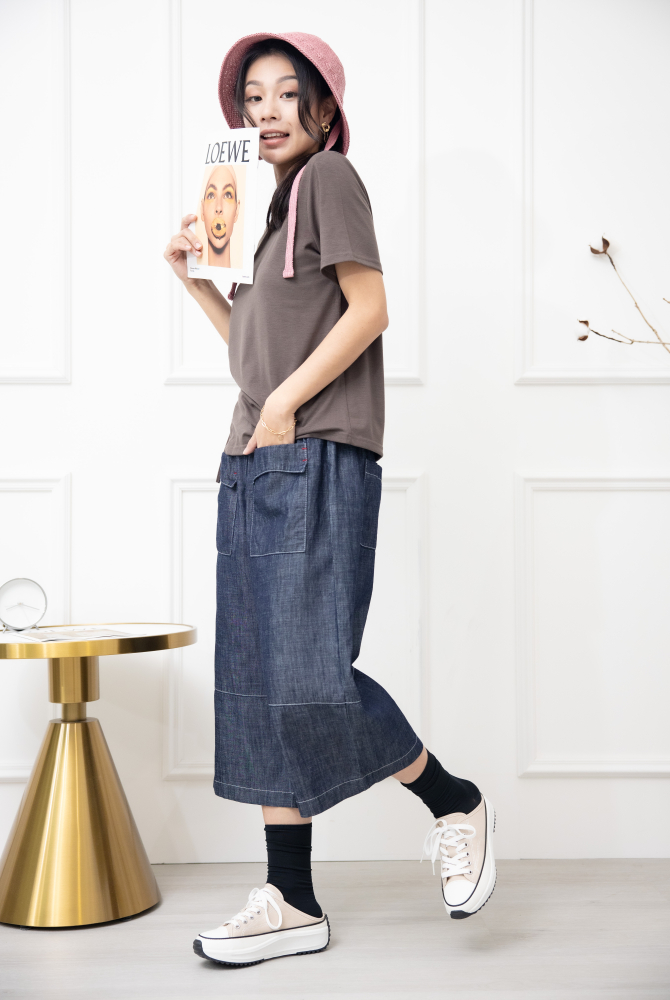 반팔 抽繩短袖上衣 / 棕色