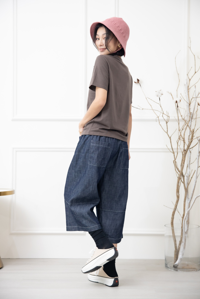 반팔 抽繩短袖上衣 / 棕色