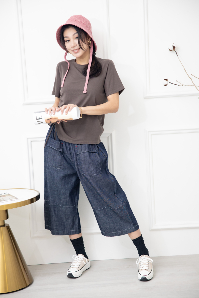 반팔 抽繩短袖上衣 / 棕色