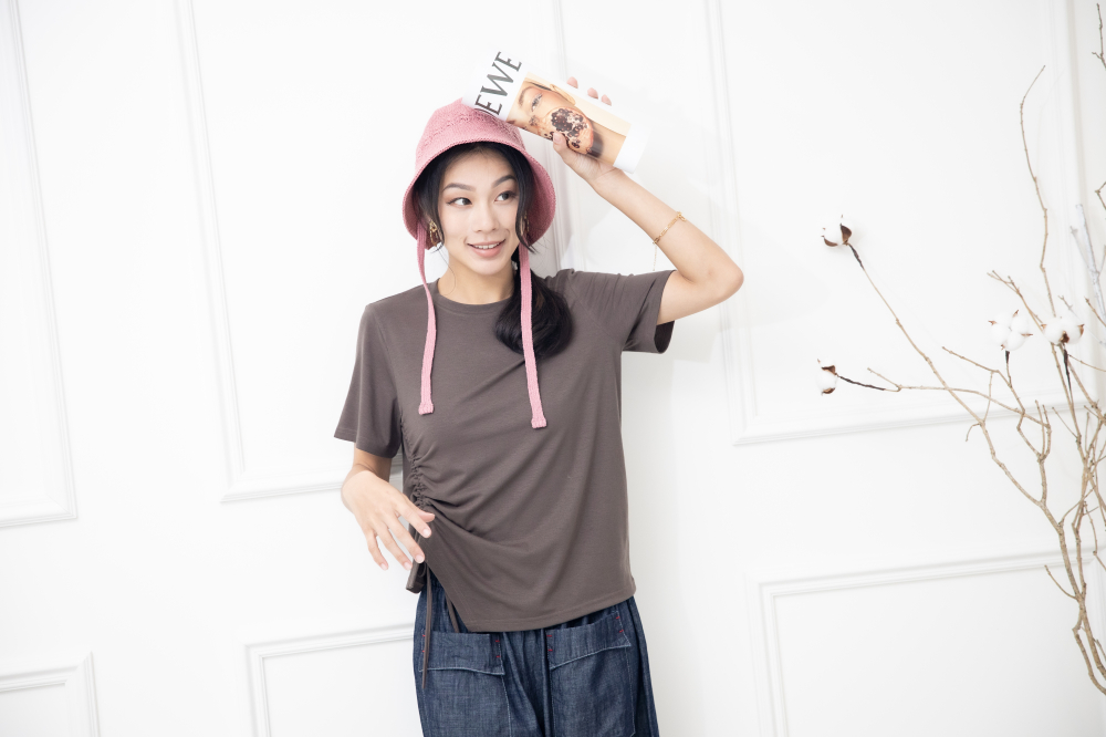 반팔 抽繩短袖上衣 / 棕色