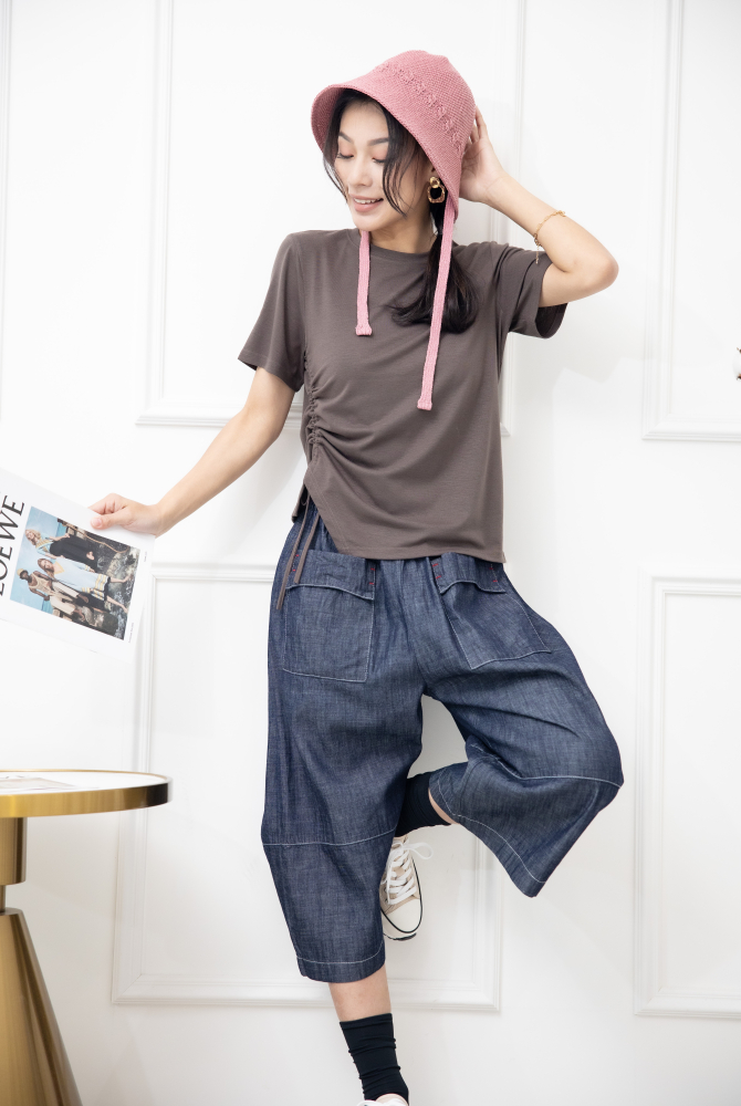 반팔 抽繩短袖上衣 / 棕色