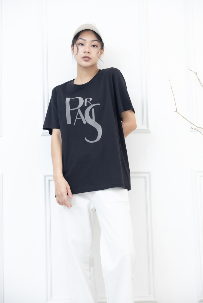 반팔 paris淺灰色英字彈性上衣 / 深灰色