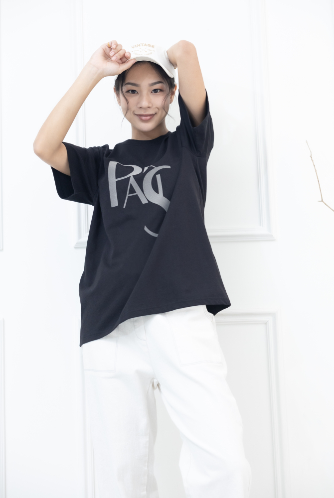 반팔 paris淺灰色英字彈性上衣 / 深灰色