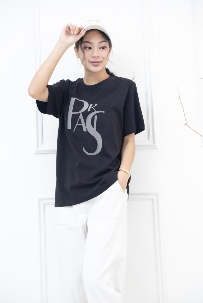 반팔 paris淺灰色英字彈性上衣 / 深灰色