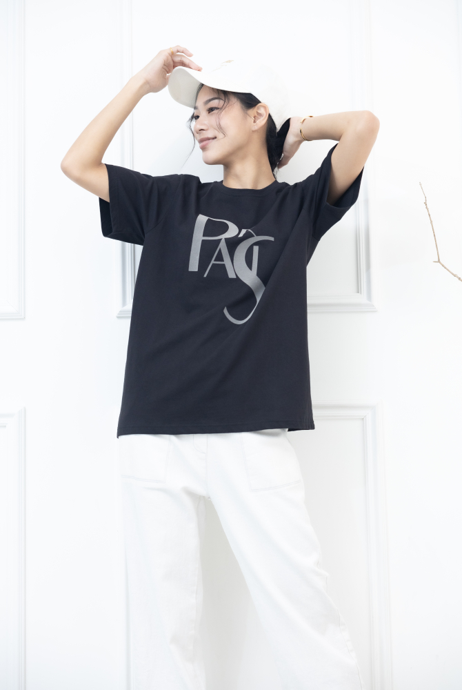 반팔 paris淺灰色英字彈性上衣 / 深灰色