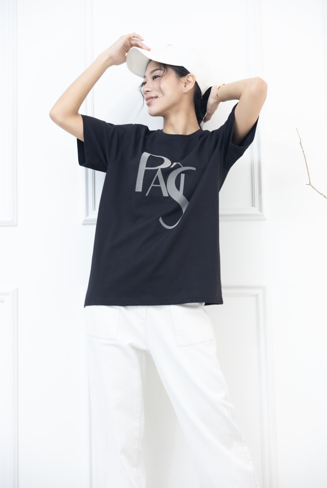 반팔 paris淺灰色英字彈性上衣 / 深灰色