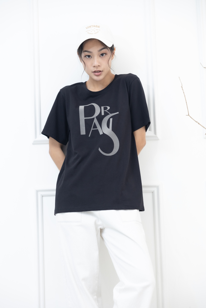 반팔 paris淺灰色英字彈性上衣 / 深灰色