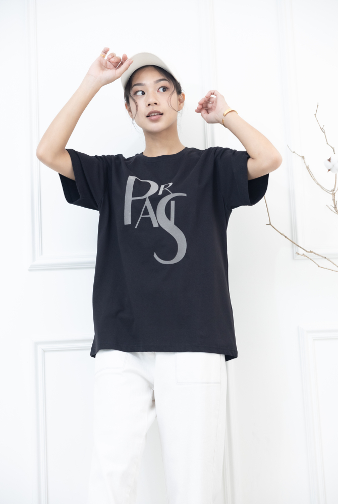 반팔 paris淺灰色英字彈性上衣 / 深灰色