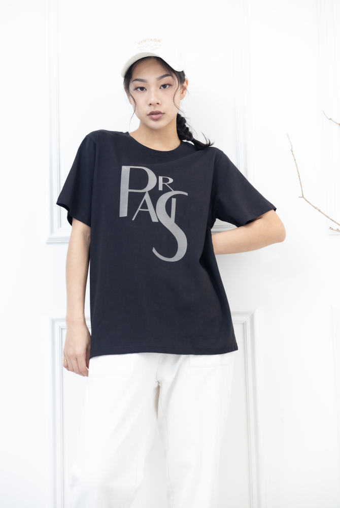 반팔 paris淺灰色英字彈性上衣 / 深灰色