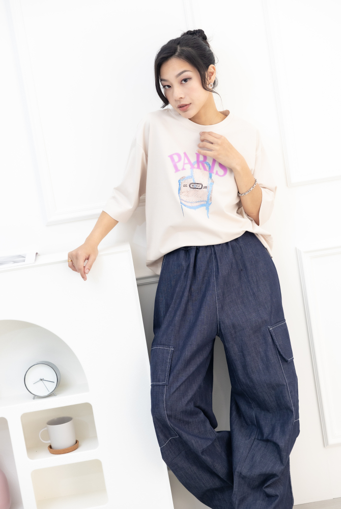 반팔 粉字paris貴妃椅短袖上衣／米色