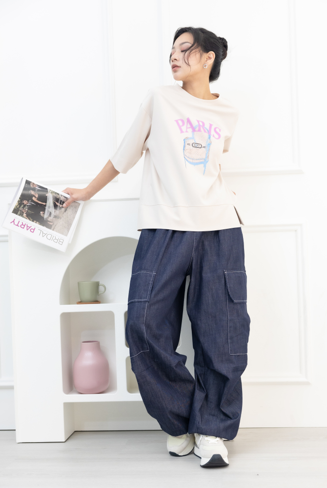 반팔 粉字paris貴妃椅短袖上衣／米色