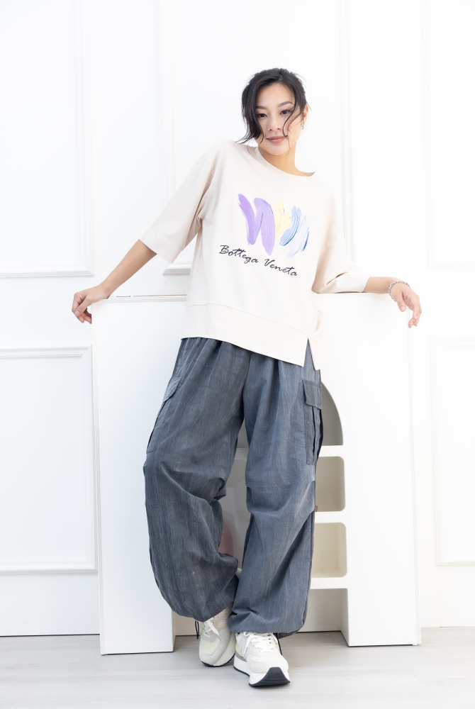 반팔 筆刷畫痕短袖上衣／米色