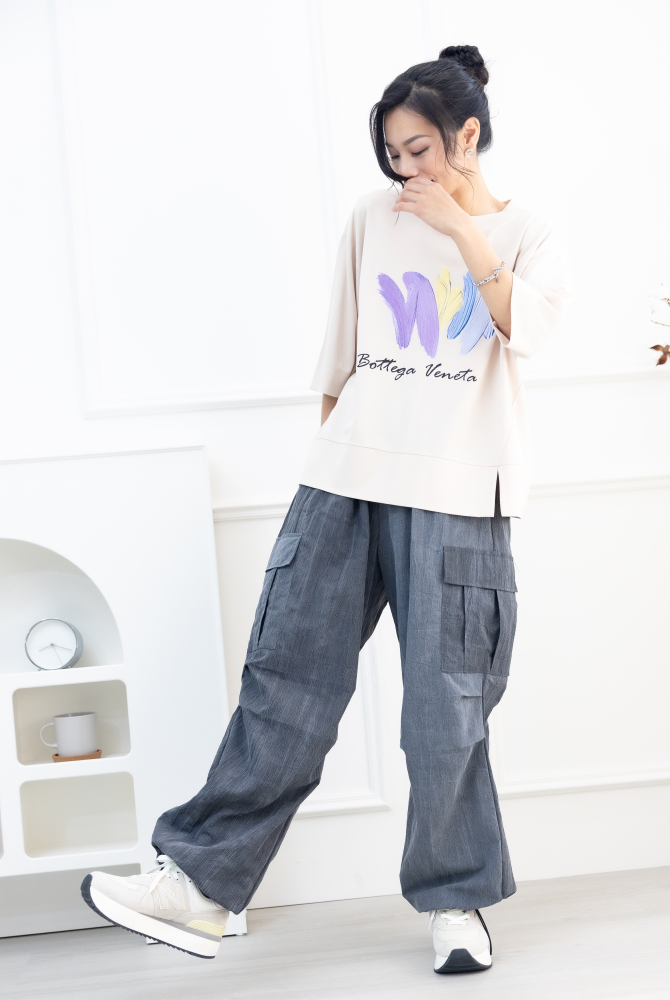 반팔 筆刷畫痕短袖上衣／米色