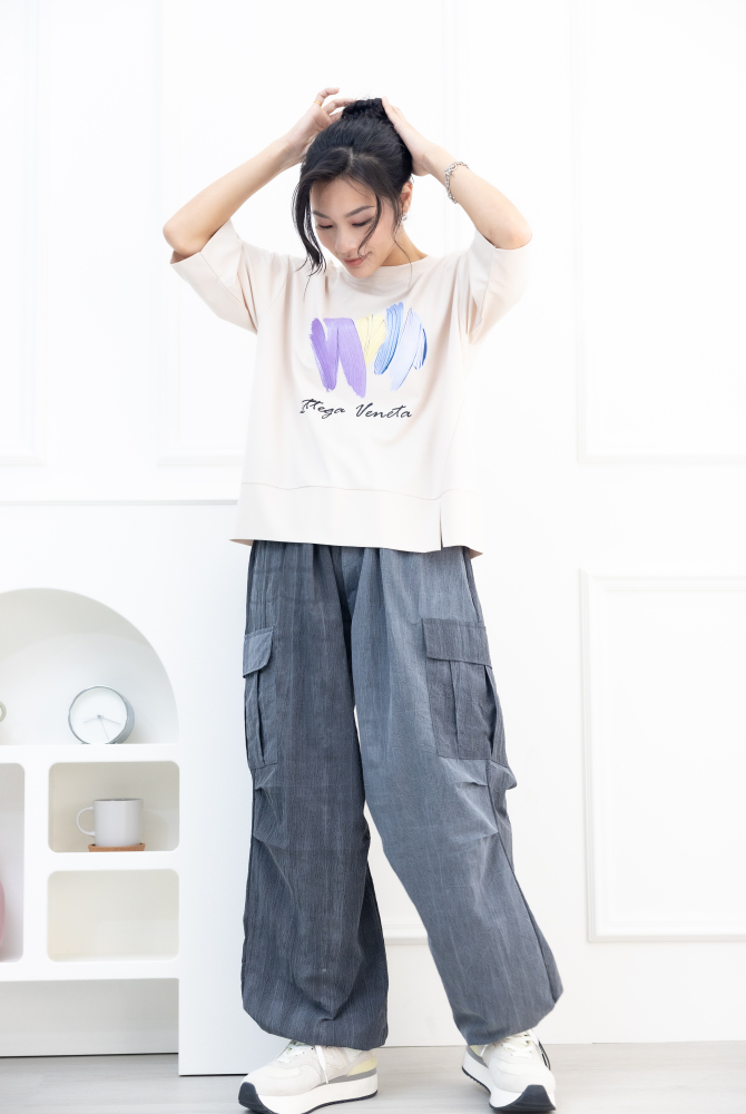 반팔 筆刷畫痕短袖上衣／米色