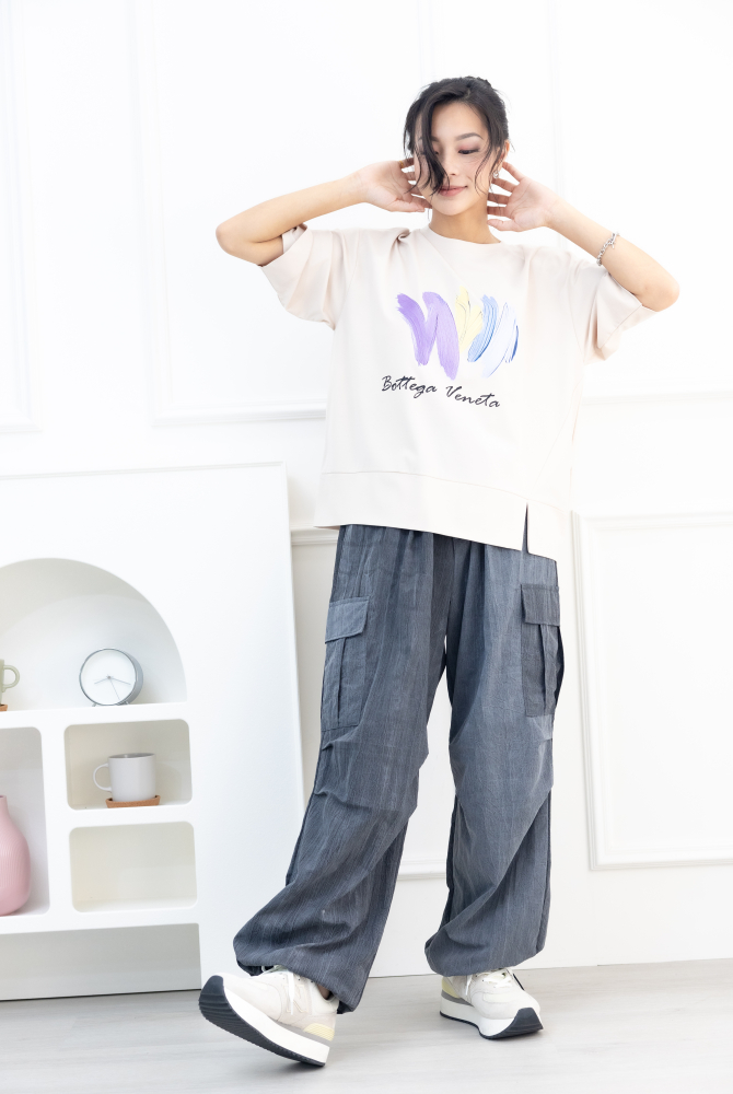 반팔 筆刷畫痕短袖上衣／米色