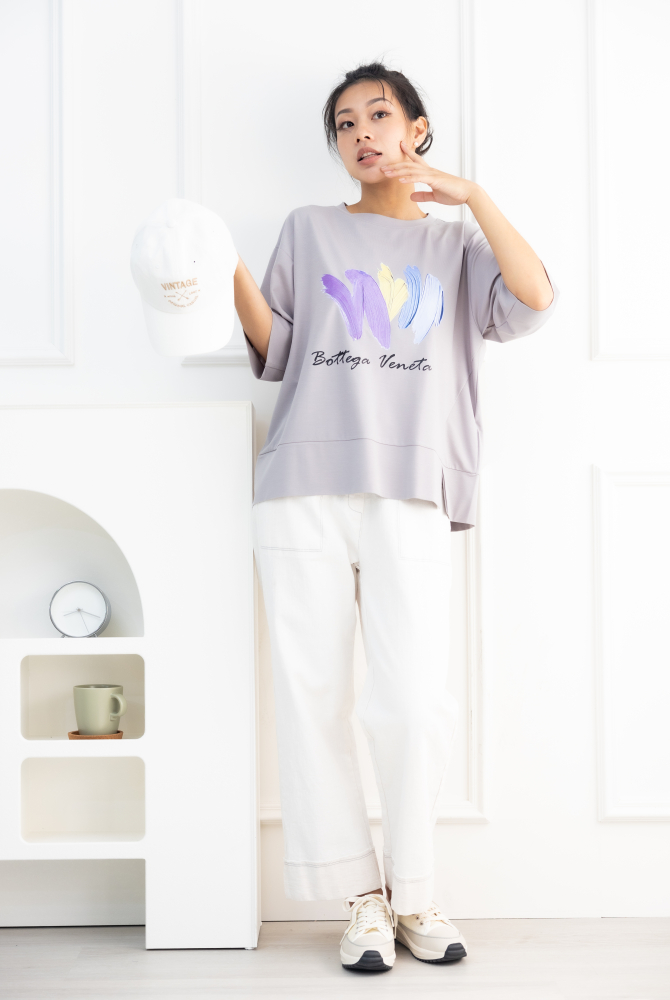 반팔 筆刷畫痕短袖上衣／灰色