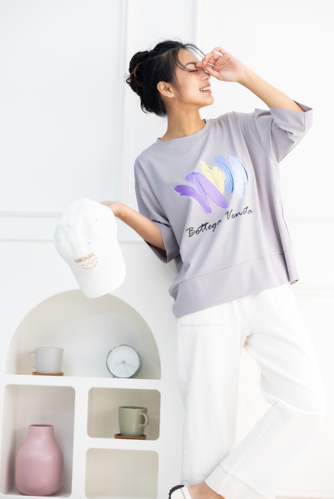 반팔 筆刷畫痕短袖上衣／灰色