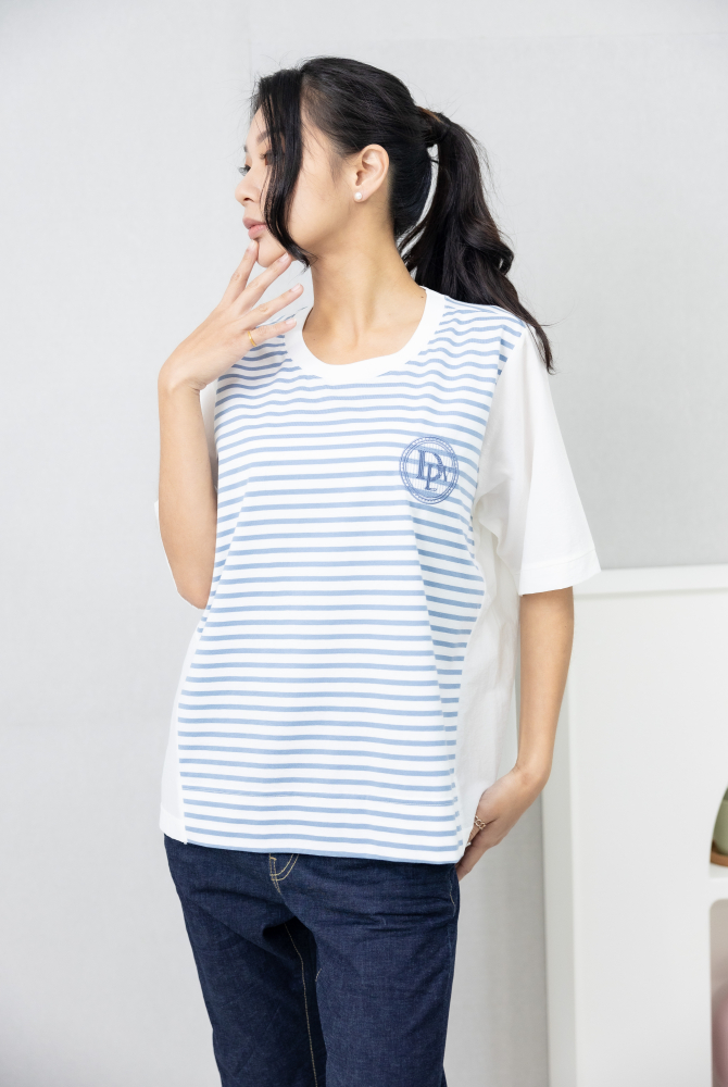 반팔 背後異材質短袖上衣 / 白藍條紋