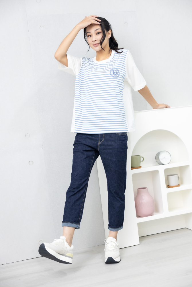 반팔 背後異材質短袖上衣 / 白藍條紋