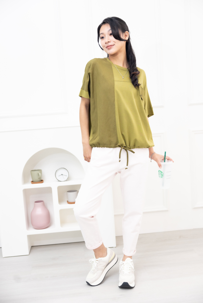 반팔 異材質拼接短袖上衣 / 橄欖綠色