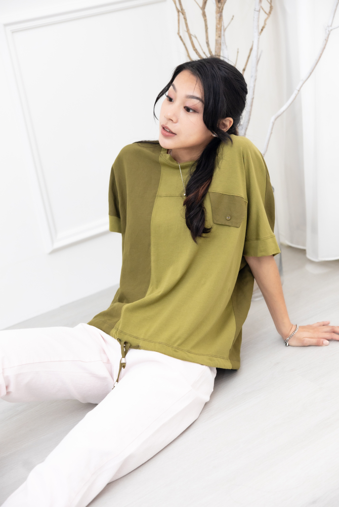 반팔 異材質拼接短袖上衣 / 橄欖綠色