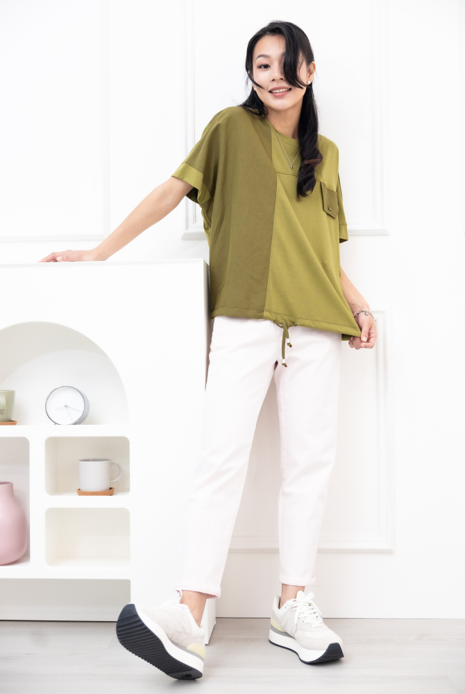 반팔 異材質拼接短袖上衣 / 橄欖綠色