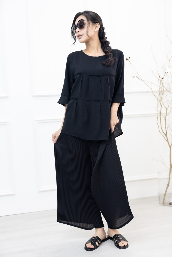 긴팔 2層拼接七分袖上衣 / 黑色