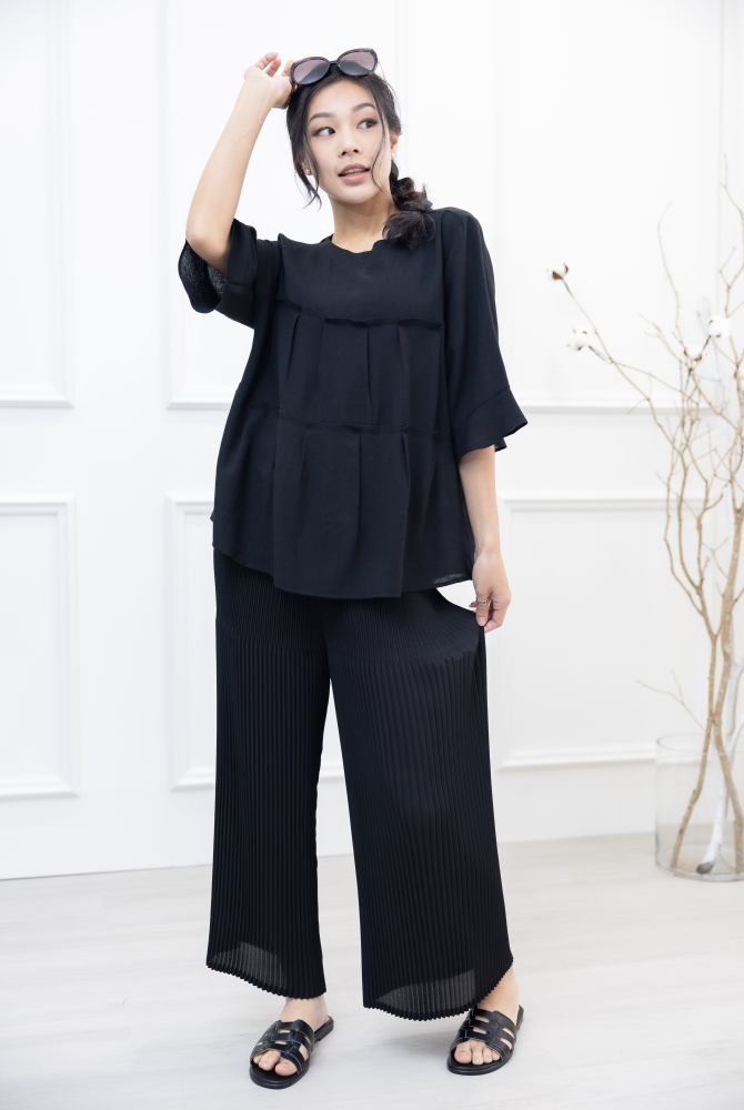 긴팔 2層拼接七分袖上衣 / 黑色