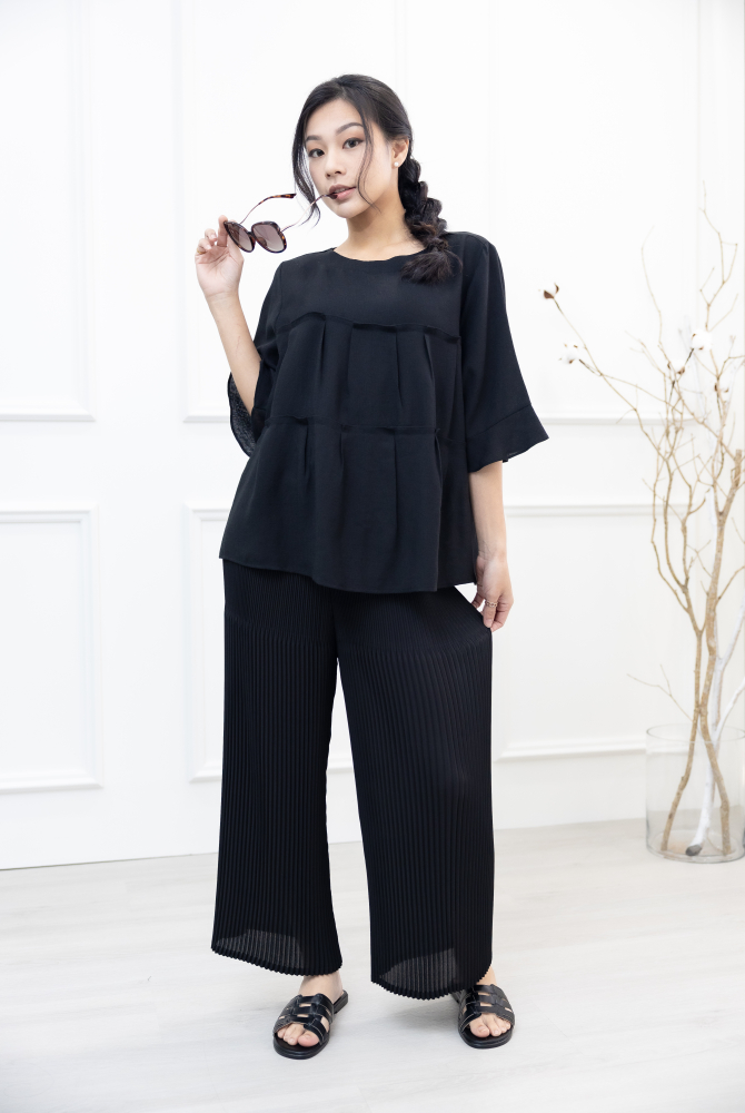 긴팔 2層拼接七分袖上衣 / 黑色