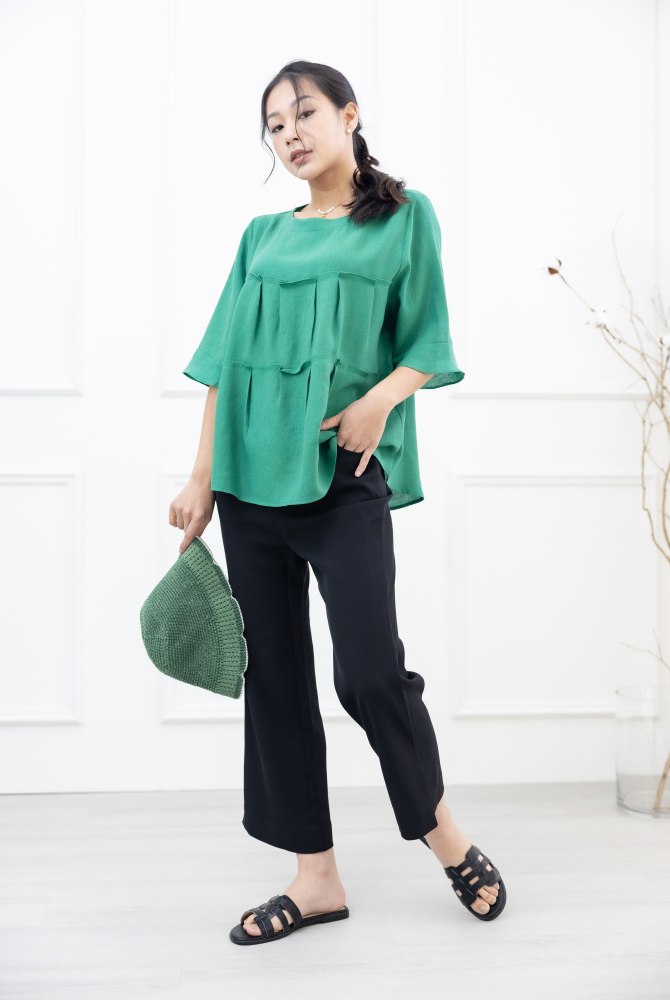 긴팔 2層拼接七分袖上衣 / 綠色