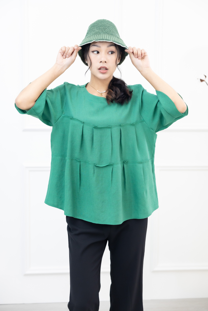 긴팔 2層拼接七分袖上衣 / 綠色