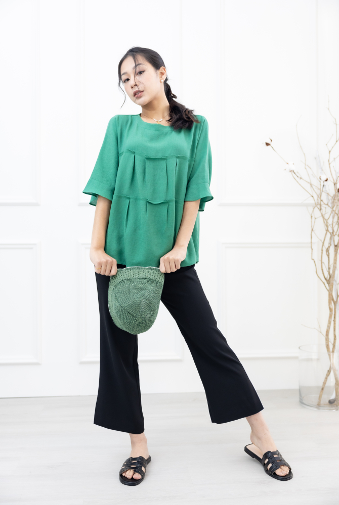 긴팔 2層拼接七分袖上衣 / 綠色